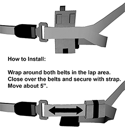 install by wrapping around both shoulder belt and lap belt in lap belt area.  Move about 5 inches and release.   Belts are now positioned for comfort and safety.